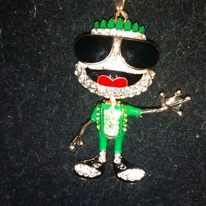 Green and White Crystal Frog Dude with Movable Head Pendant Necklace